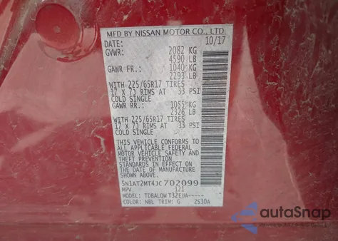 2018 Nissan Rogue Sv z USA, uszkodzony, nr VIN 5N1AT2MT4JC702099